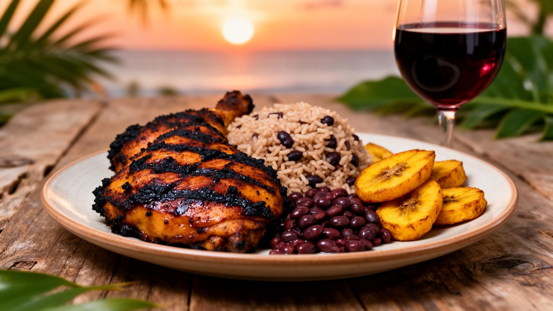 Plate of jerk chicken with rice and peas, plantains and a glass of red wine on a wooden table