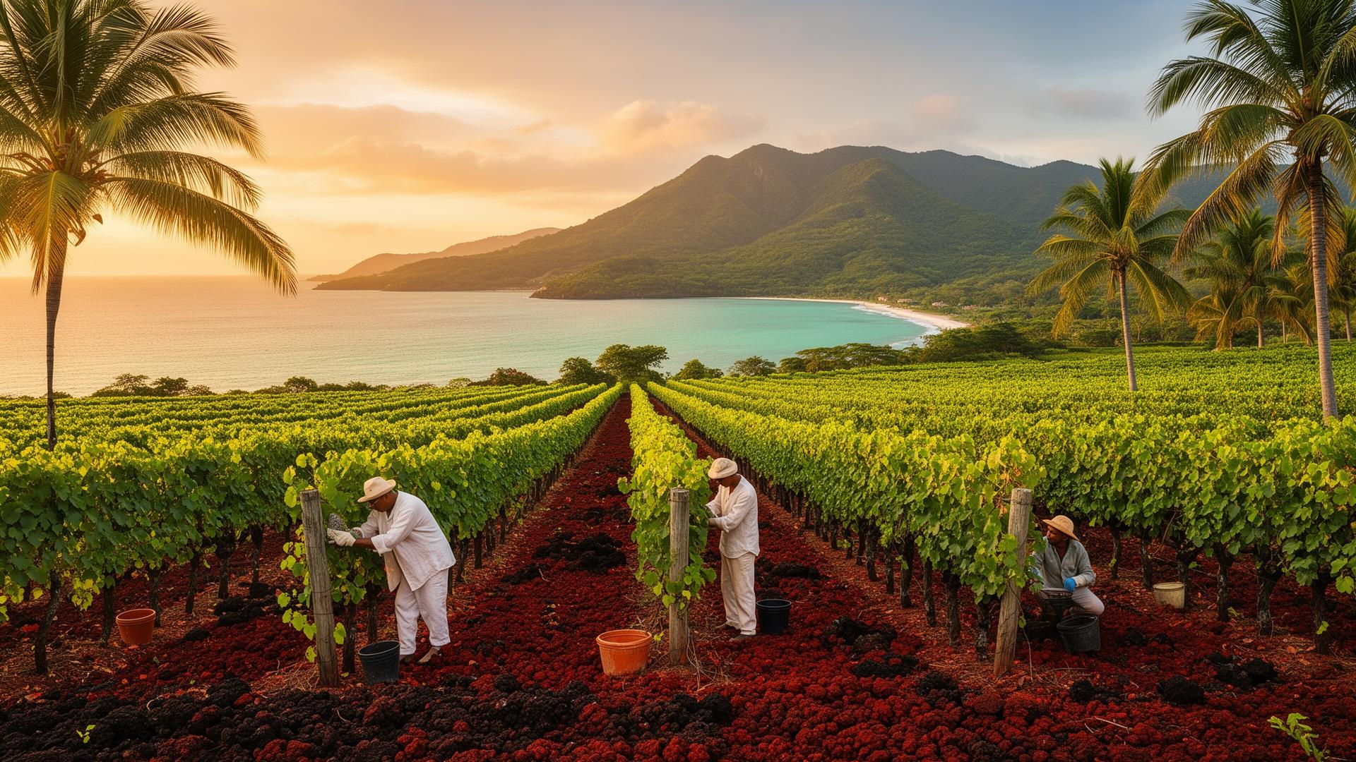 A tropical vineyard with rows of vines stretching toward distant green hills
