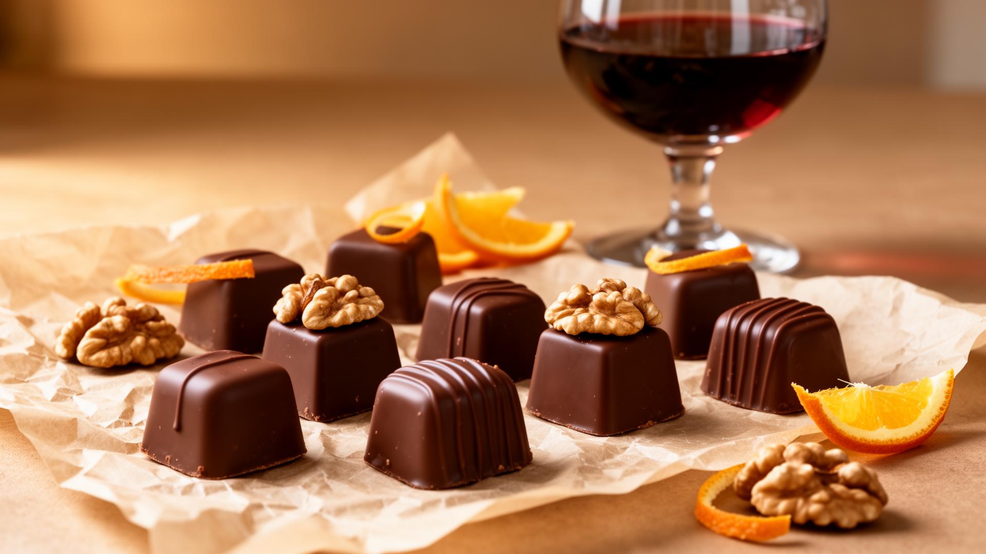 Belgian chocolate pralines with walnuts and orange peel beside a glass of Tawny Port