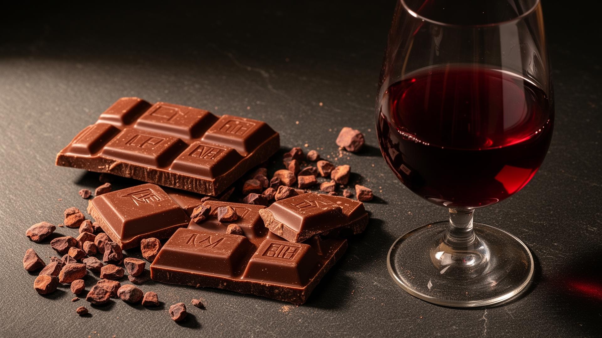 Single-origin Ecuadorian Arriba Nacional bean-to-bar chocolate squares with raw cocoa nibs and a glass of garnet red Banyuls fortified wine on dark slate