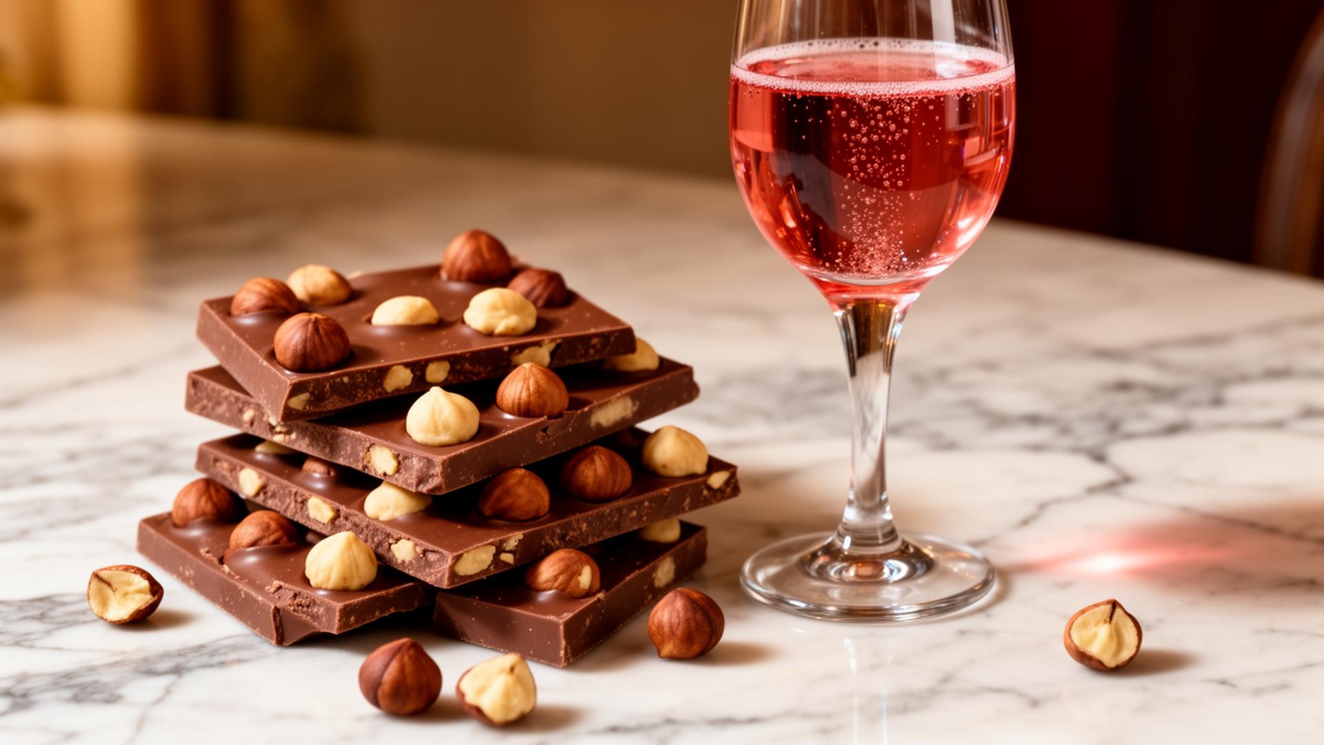 Italian Piedmontese gianduja chocolate squares with hazelnuts beside a flute of sparkling pink Brachetto d'Acqui wine on a marble surface