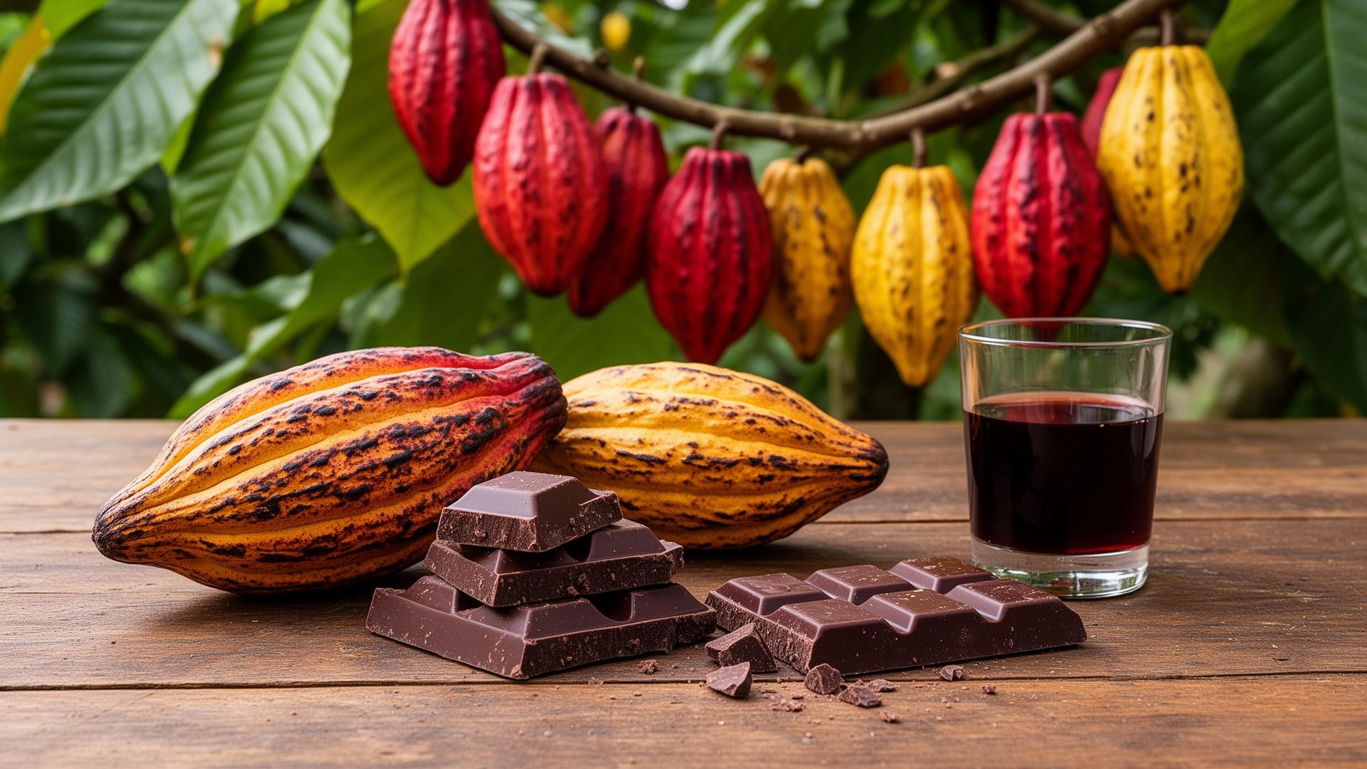 Caribbean cocoa pods on a wooden table beside broken squares of dark Grenadian estate chocolate and a glass of Pedro Ximenez sherry, fresh red and yellow cacao pods in the background