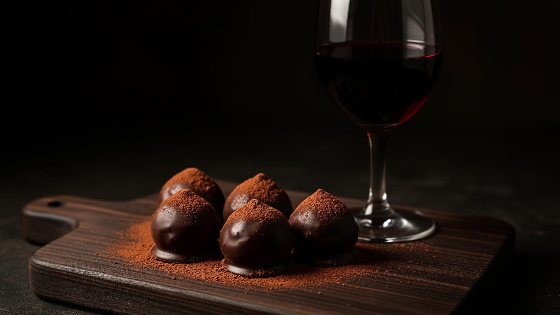Dark chocolate ganache truffles dusted in cocoa beside a glass of garnet Maury fortified wine