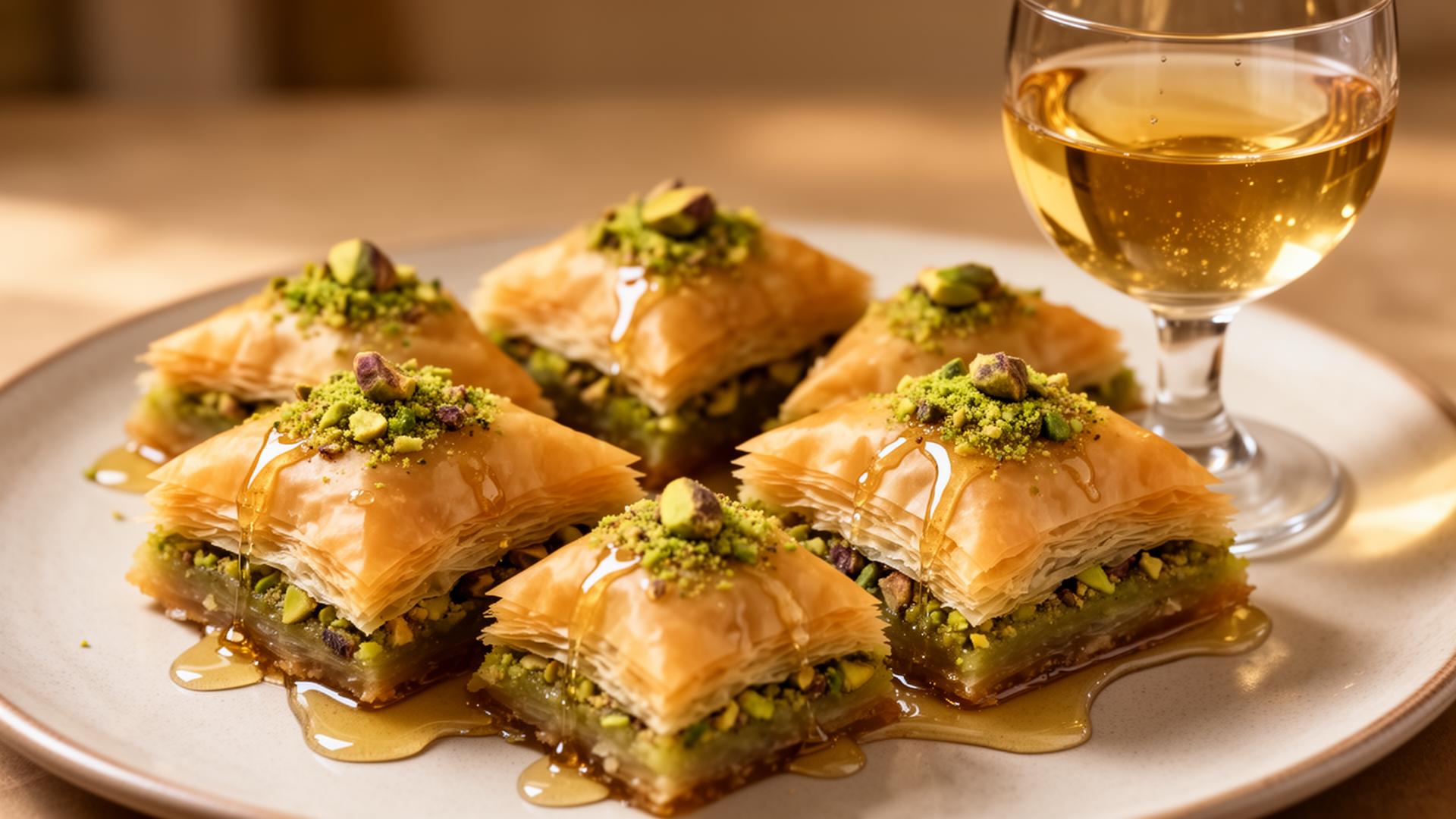 Pistachio baklava diamond pieces with honey syrup and crushed green pistachios beside a glass of golden Muscat de Beaumes-de-Venise dessert wine