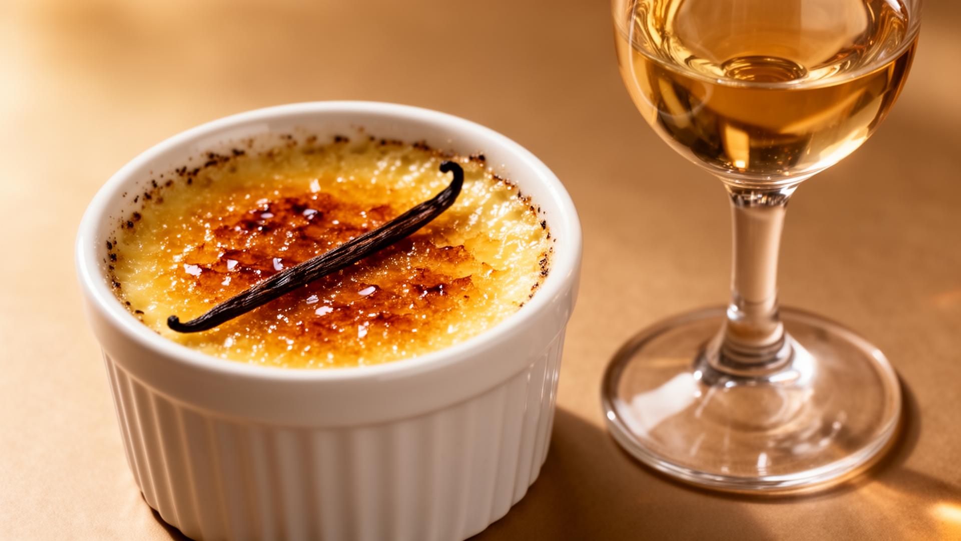 Classic crème brûlée in a white ramekin with crackled golden caramelized sugar and vanilla bean beside a glass of Sauternes