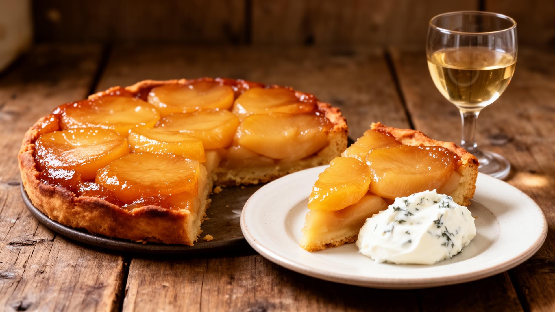 Classic French tarte Tatin upside-down apple tart with caramelized golden apples beside a plated slice with crème fraîche and a glass of Vouvray Moelleux