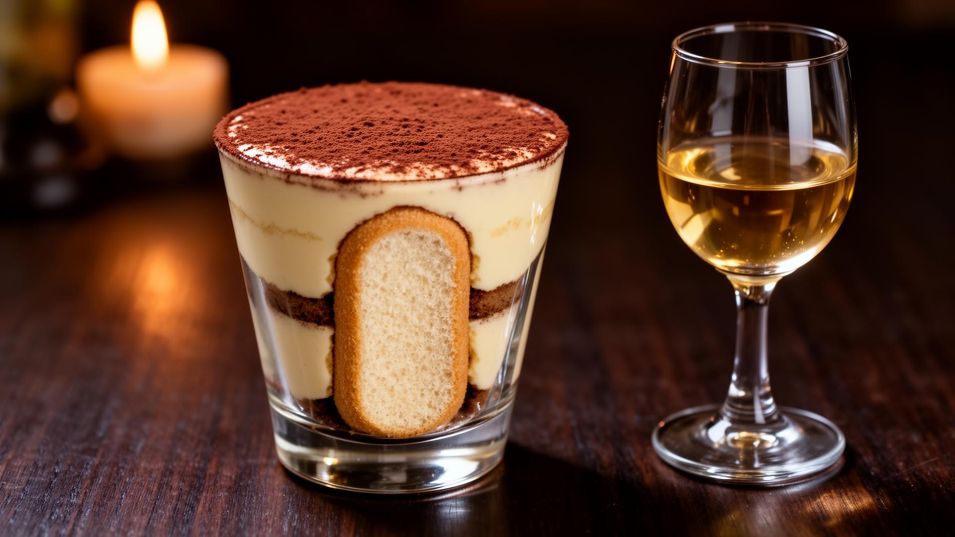Italian tiramisu in a glass dish dusted with cocoa with ladyfinger visible beside a small glass of Vin Santo dessert wine