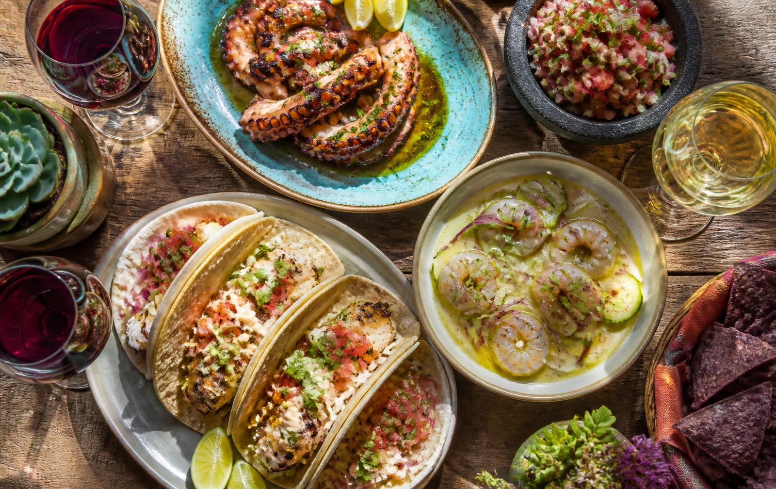 Overhead view of Baja Med dishes — Ensenada fish tacos, grilled octopus, shrimp aguachile and salsa — with glasses of red and white wine