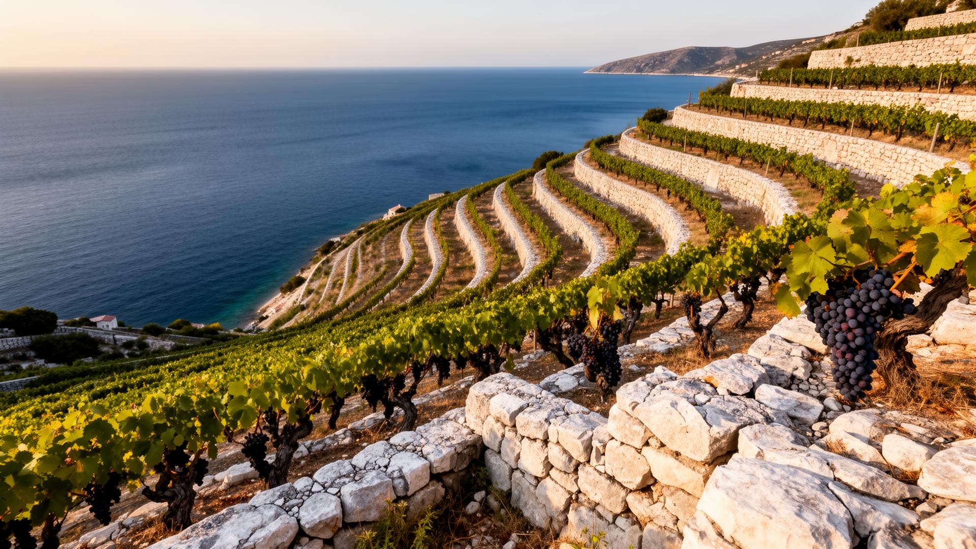 Stone-walled vineyard terraces of Plavac Mali grapes on the Pelješac peninsula in Croatia tumbling down to the Adriatic sea