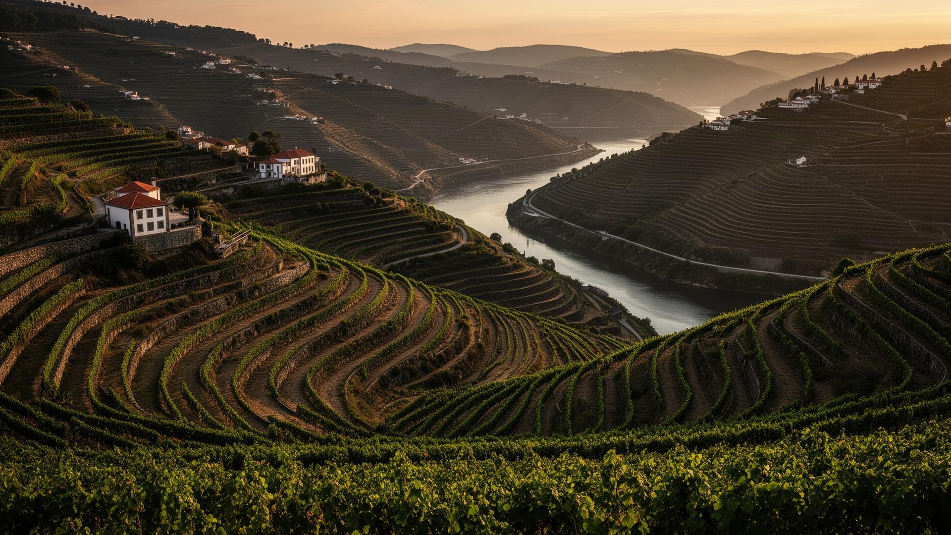 Dramatic terraced vineyards of the Douro Valley in northern Portugal at golden hour with the river winding through