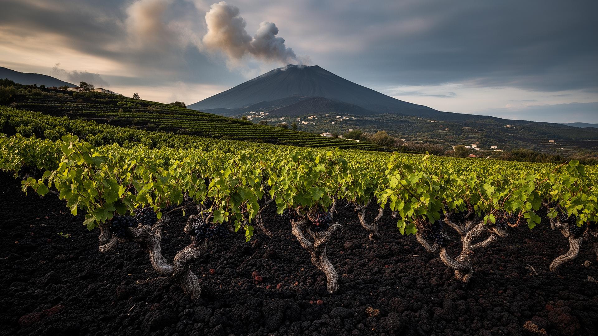 Volcanic vineyard on the slopes of Mount Etna in Sicily with gnarled old vines on black soil