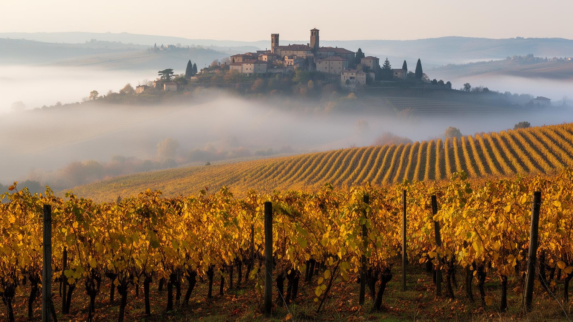 Nebbiolo vineyards in the Langhe hills of Piedmont with autumn fog and a hilltop village