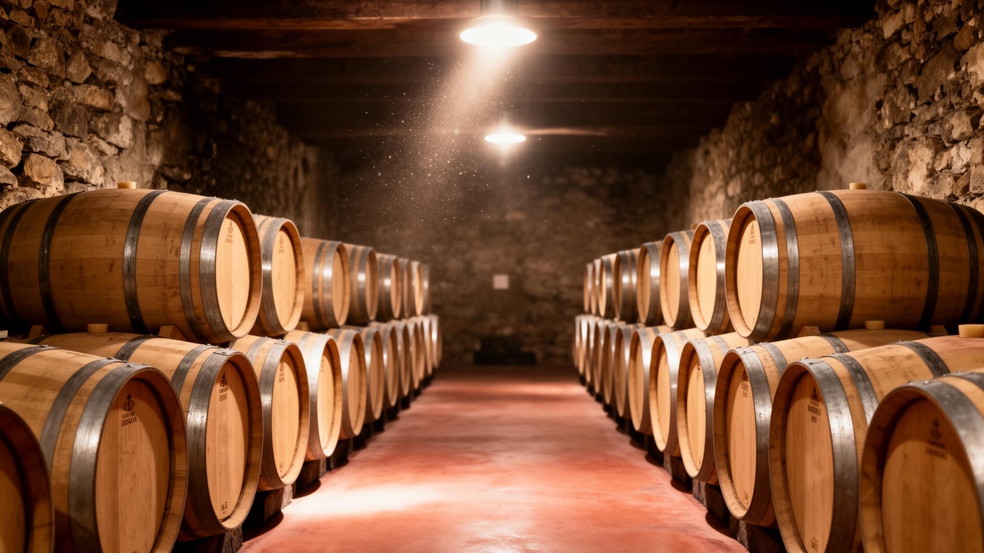 Traditional Rioja bodega cellar with stacked oak barrels and warm overhead lighting