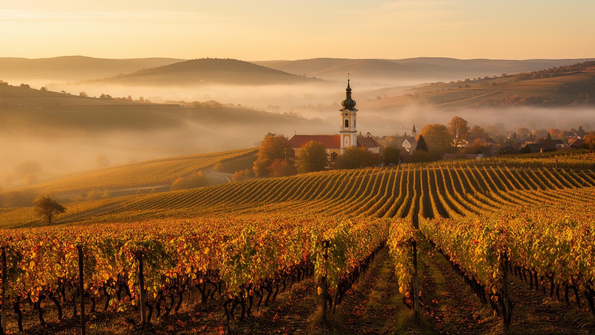 Tokaj wine region in Hungary at golden hour with rolling vineyards and morning mist