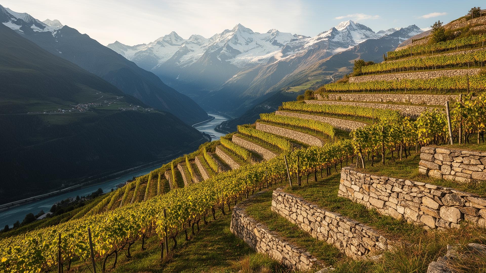 Steep terraced Alpine vineyards in Valais Switzerland with dry stone walls and snow-capped Alps in the distance