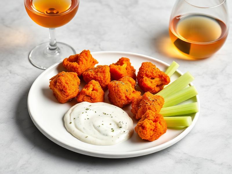 Buffalo cauliflower bites with orange wine
