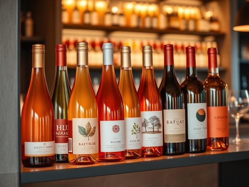 Collection of natural and orange wine bottles on modern shelf