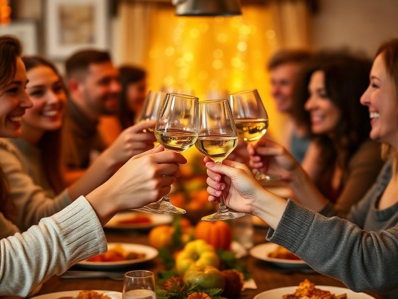 Group of friends toasting with wine glasses at Friendsgiving
