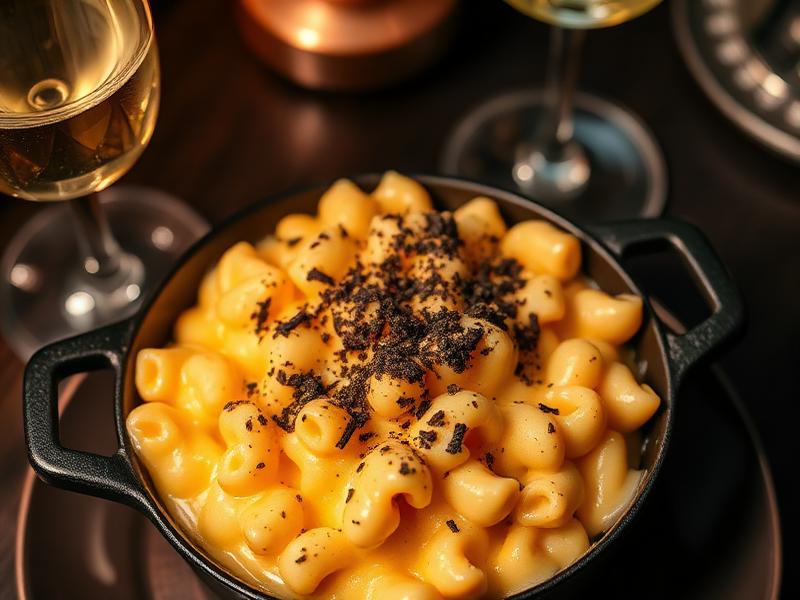 Truffle mac and cheese in cast iron skillet with Champagne