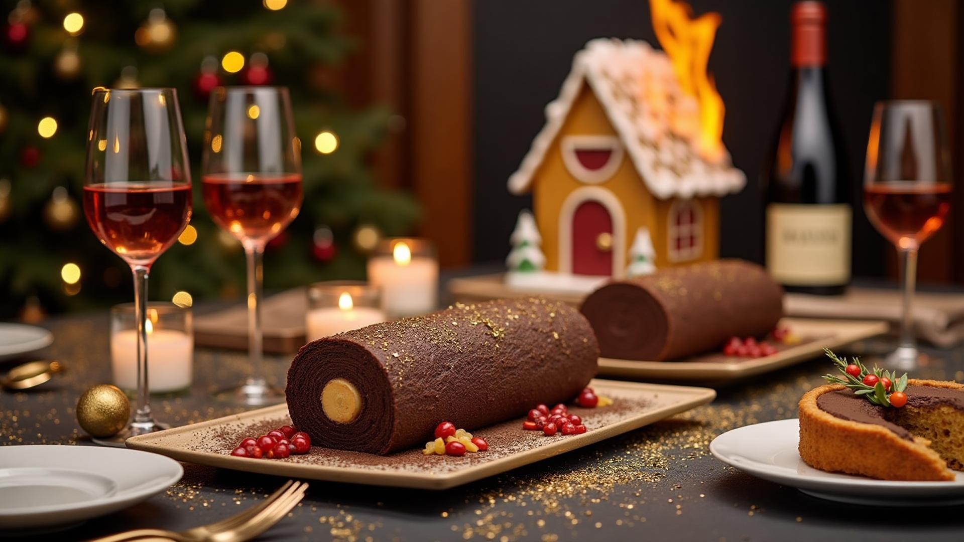 Elegant holiday dessert spread with festive decorations