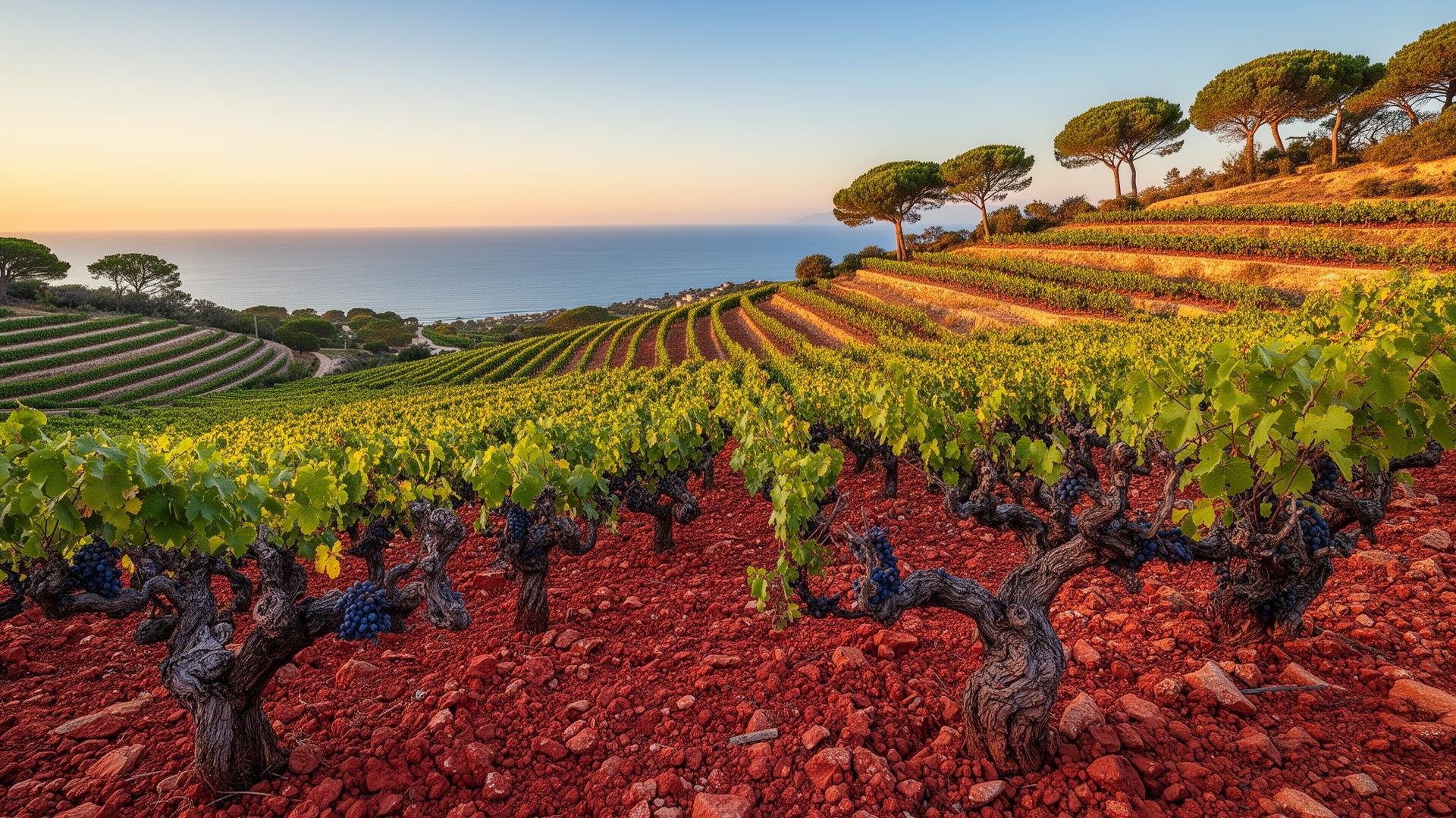 Terraced Mourvèdre vineyards in Bandol, Provence with the Mediterranean in the distance