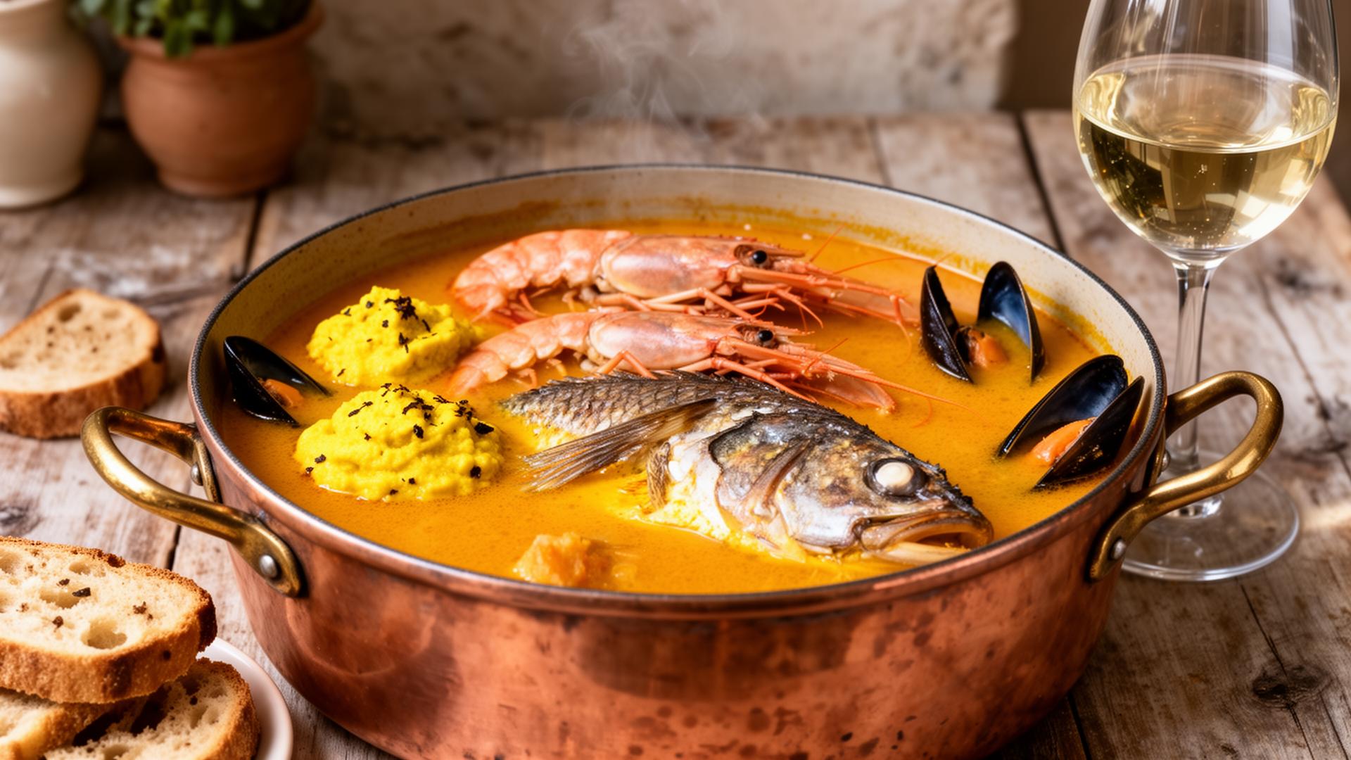 Authentic Marseille bouillabaisse in a copper pot with rouille and croutons, served with a glass of Cassis white wine
