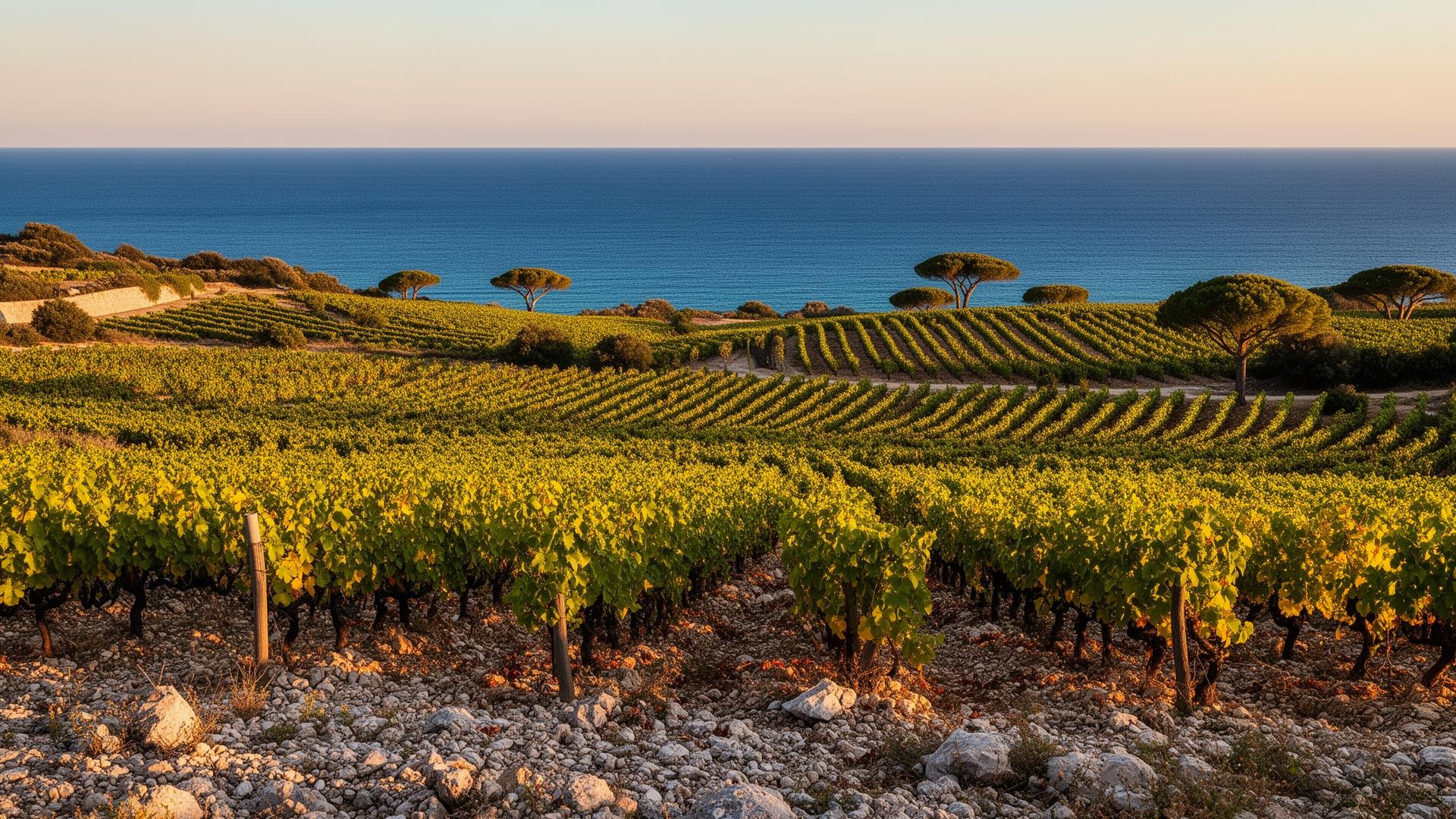 Côtes de Provence vineyard sloping toward the Mediterranean sea at golden hour