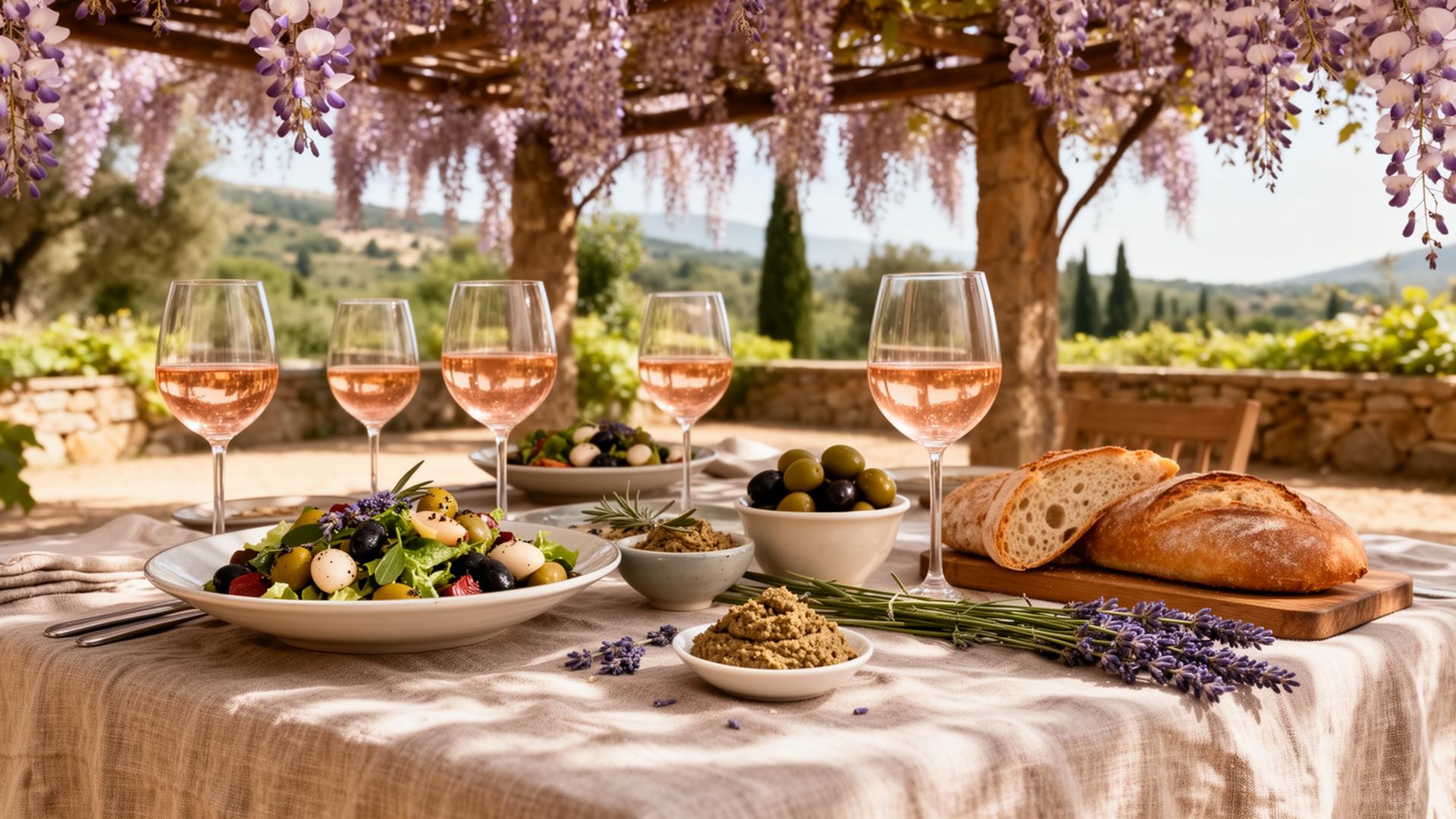 Provençal summer lunch under a wisteria pergola with rosé, niçoise salad, olives, tapenade and bread