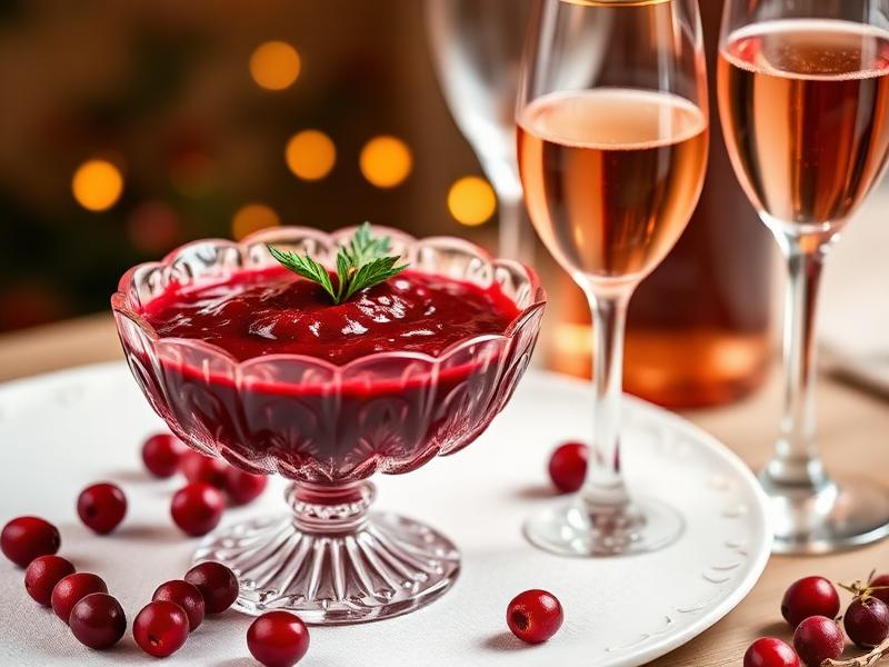Cranberry sauce in crystal bowl with sparkling rosé wine
