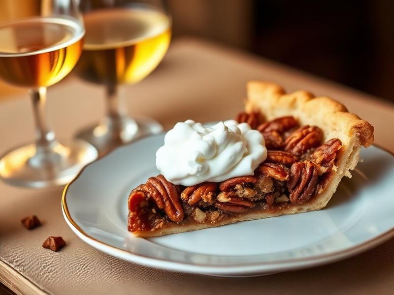 Pecan pie slice with late harvest Riesling dessert wine