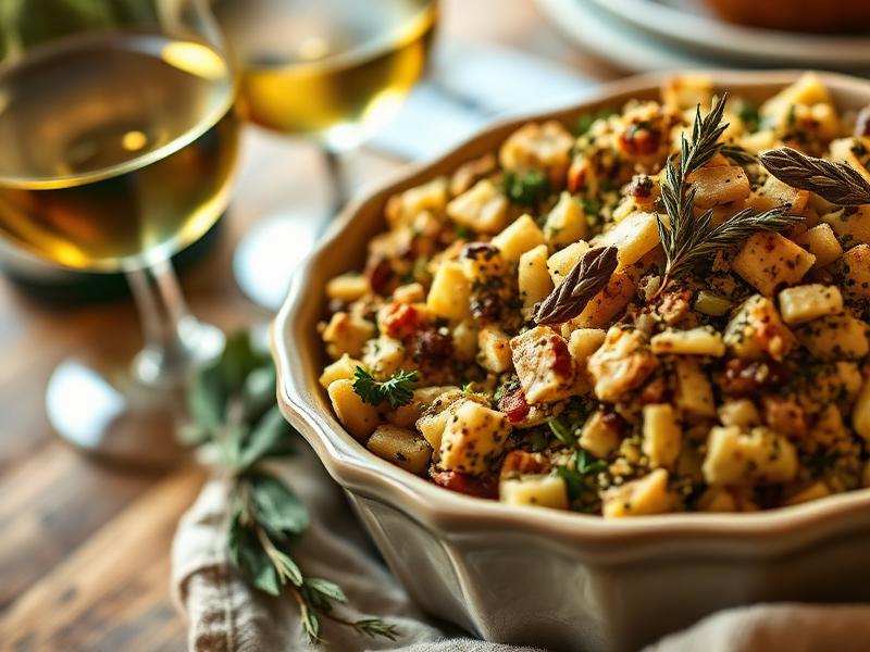 Herb stuffing in rustic dish with Chardonnay wine