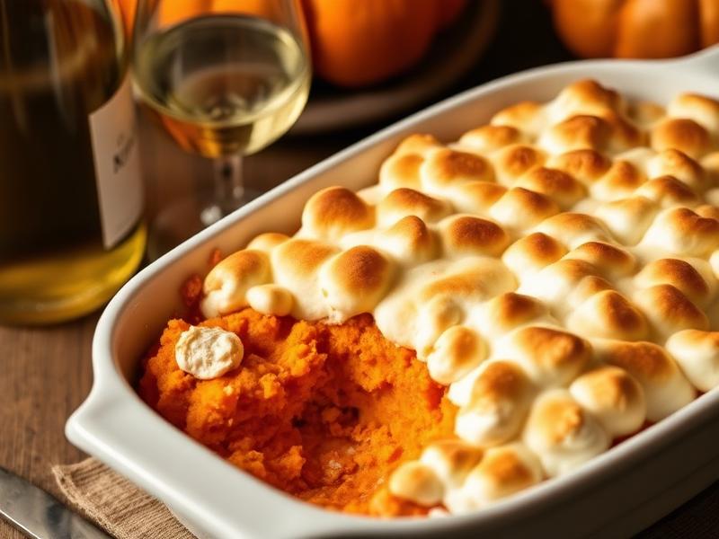 Sweet potato casserole with marshmallow topping and Riesling wine