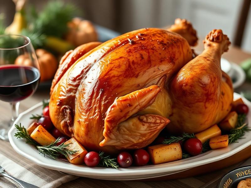 Golden roasted Thanksgiving turkey with Pinot Noir wine
