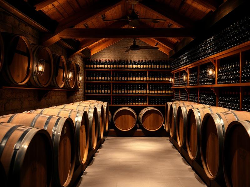 Historic wine cellar with oak barrels and luxury wine storage