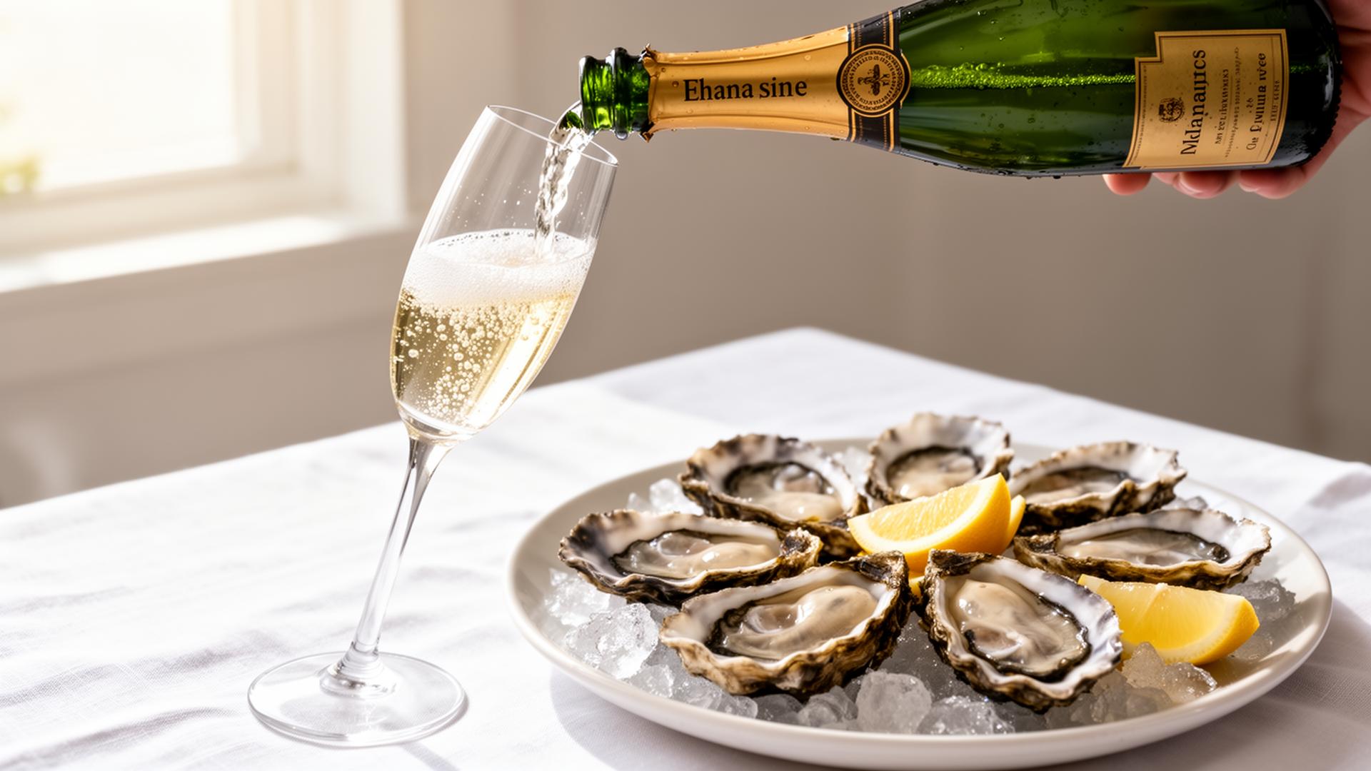 English traditional-method sparkling wine being poured into a flute beside a plate of freshly shucked oysters with lemon wedges
