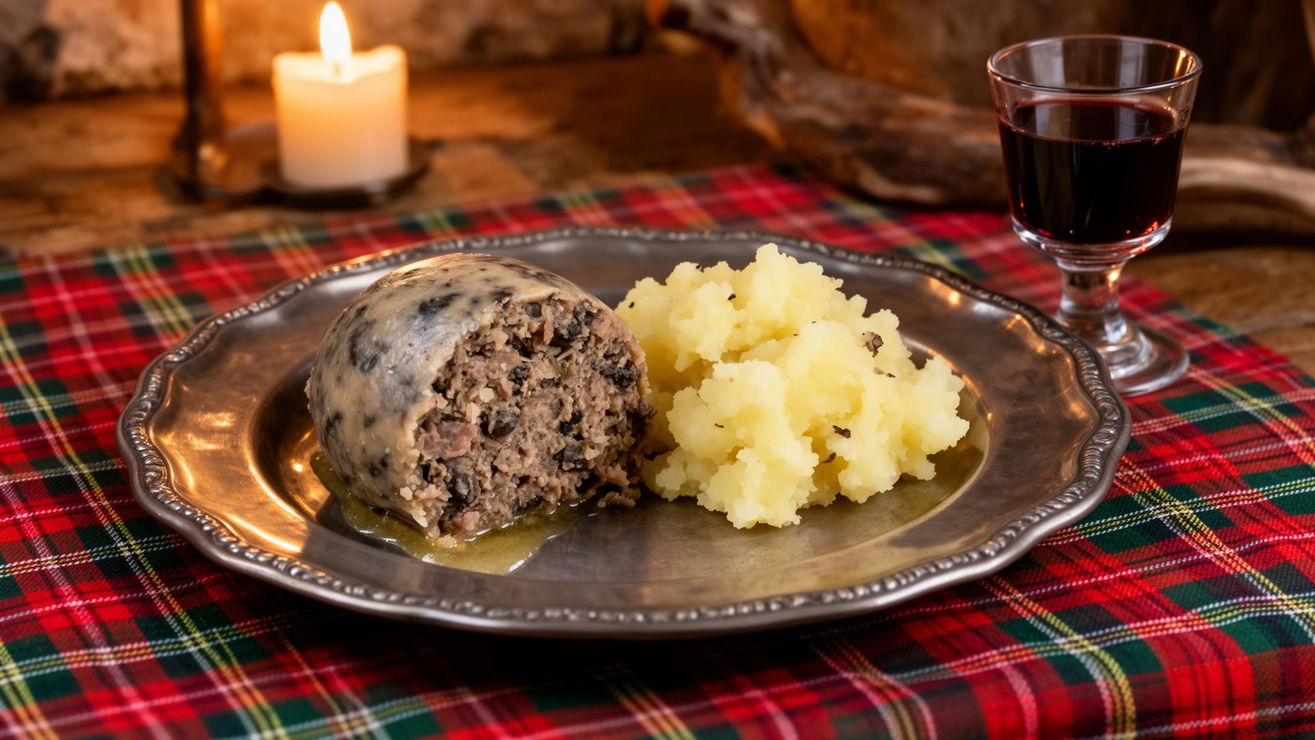 Traditional Scottish haggis with neeps and tatties on a pewter plate with a small glass of Tawny Port on a tartan tablecloth