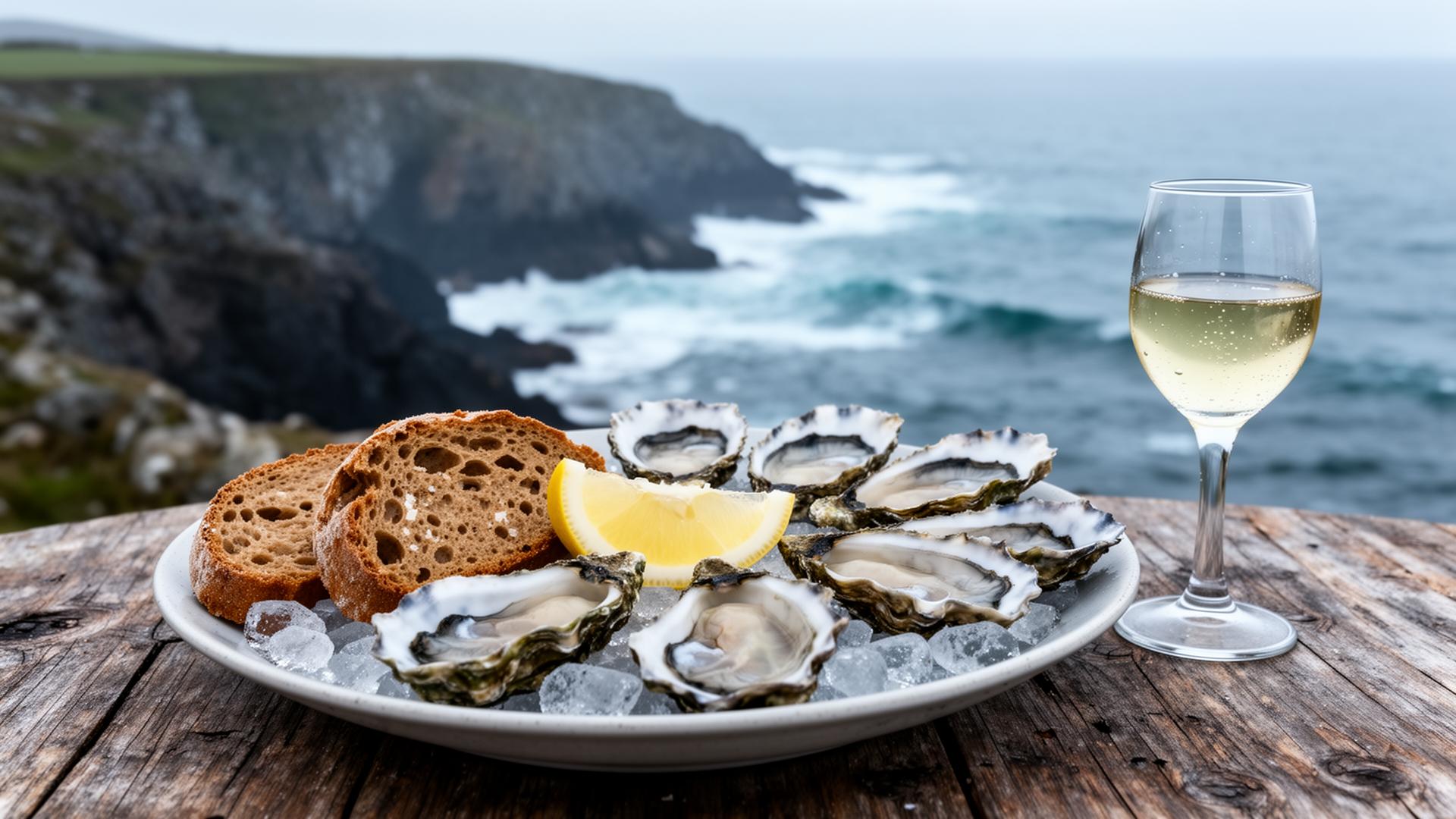 Fresh Irish oysters on crushed ice with lemon and brown soda bread with a chilled glass of Muscadet on a wooden table overlooking the Atlantic coast of County Cork Ireland