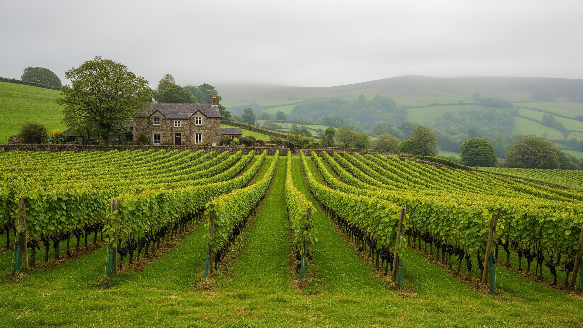 Welsh hillside vineyard in Monmouthshire with cool-climate vines on a green hillside and misty Welsh hills in the distance